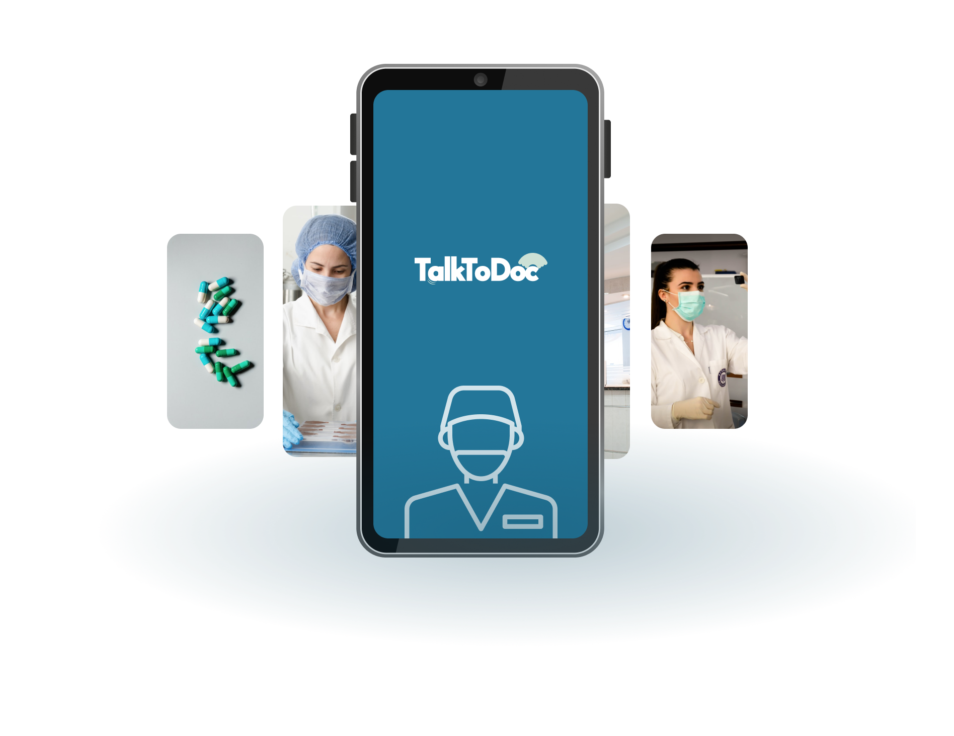 The TalkToDoc app on a phone, surrounded by photos of doctors and medication.